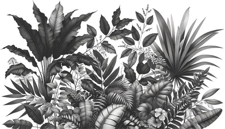 Black and white tropical leaf wallpaper creating a stunning feature wall in a modern living room with minimalist furniture