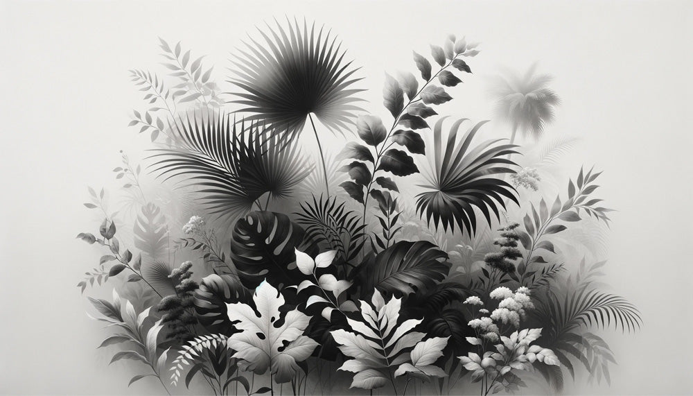 Black and white botanical wallpaper design file showing detailed monstera and palm leaf pattern
