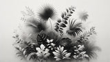 Black and white botanical wallpaper design file showing detailed monstera and palm leaf pattern