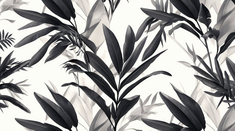 Monochrome botanical wallpaper making a bold statement in a minimalist dining space