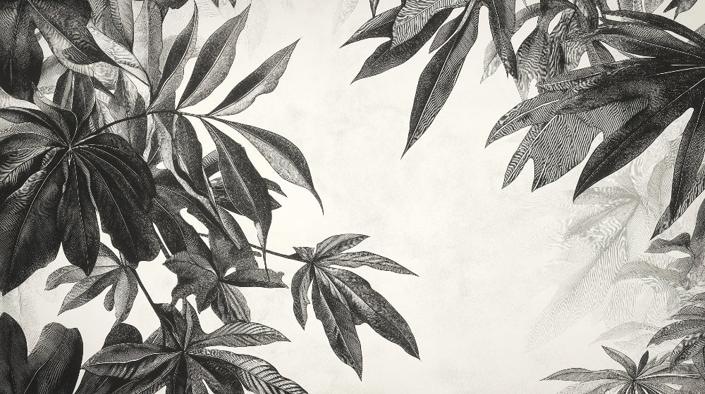 Black and white botanical leaf wallpaper design file showing detailed monstera pattern and precise line work