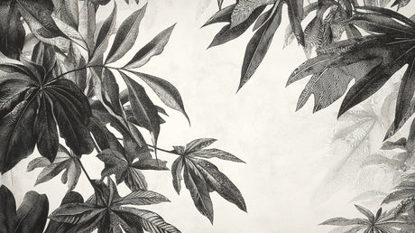 Black and white botanical leaf wallpaper design file showing detailed monstera pattern and precise line work