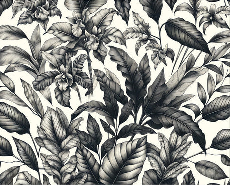 Tropical botanical sketch wallpaper design file showing detailed black and white leaf pattern