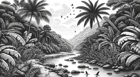 Black and white tropical paradise design file showing detailed palm trees and river pattern