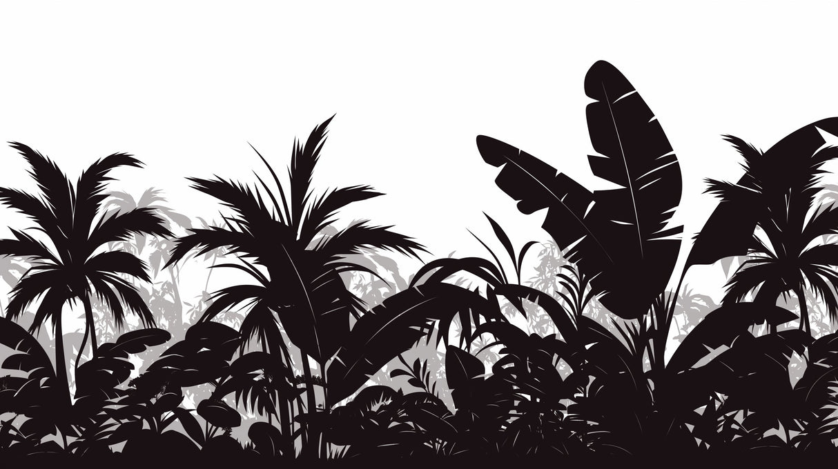 Black and white tropical jungle wallpaper design file showing detailed palm and leaf silhouettes