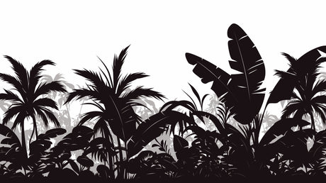Black and white tropical jungle wallpaper design file showing detailed palm and leaf silhouettes