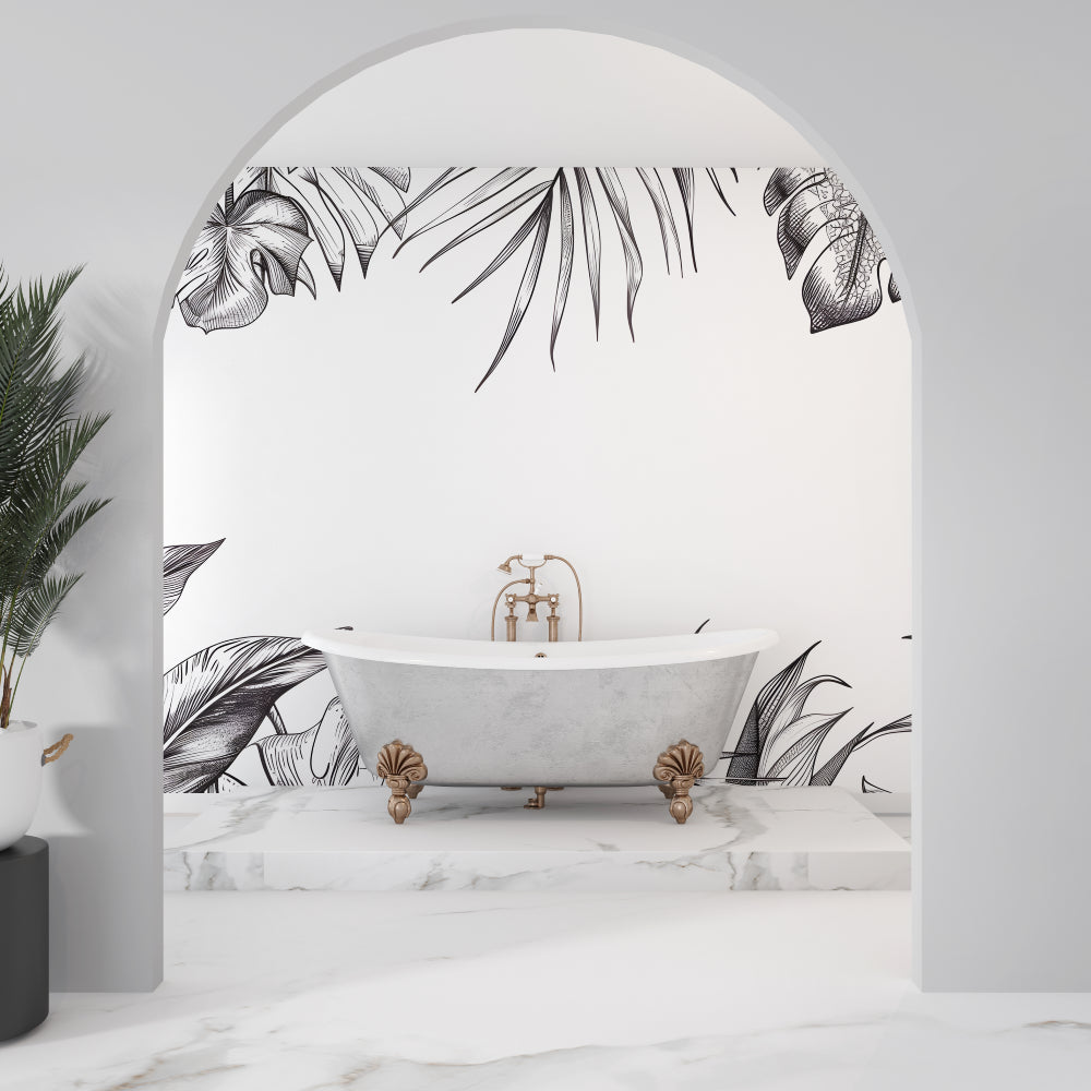 Minimalist tropical wall mural adding drama to a contemporary bedroom space