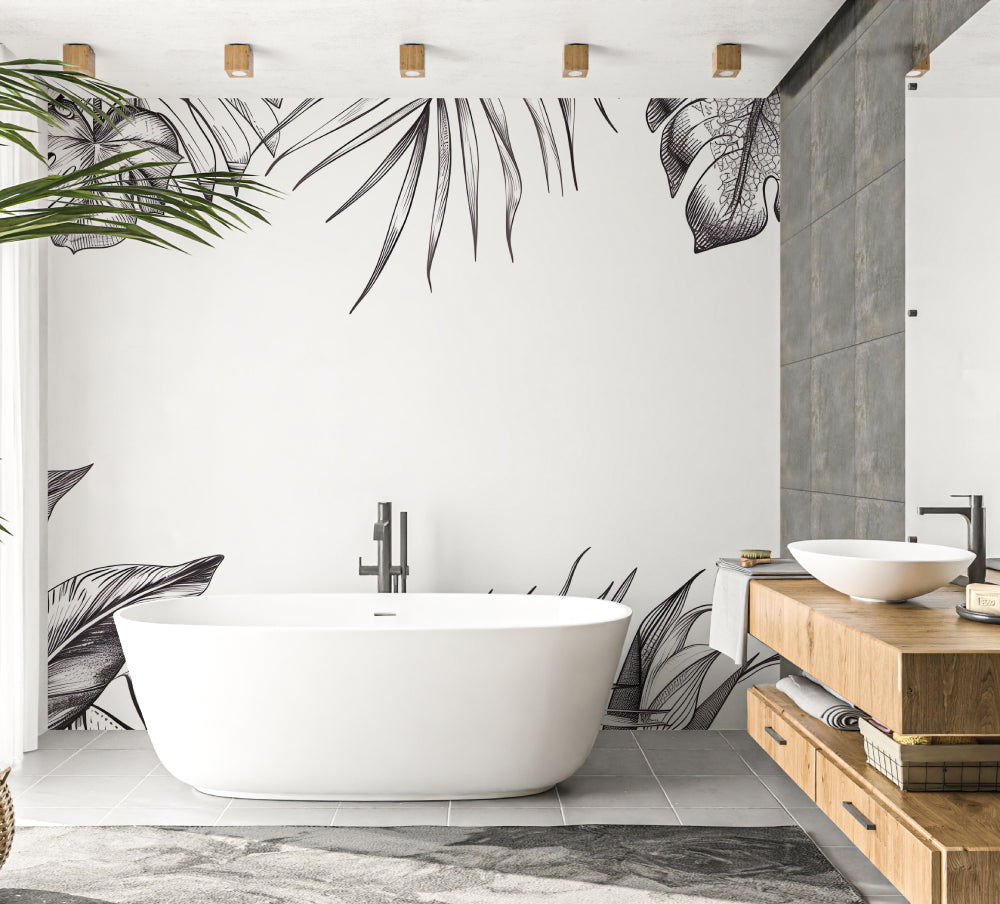 Monochrome botanical wallpaper making a statement in an elegant dining area