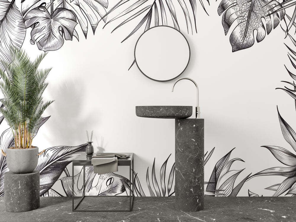 Black and white leaf pattern bringing natural style to a modern home office
