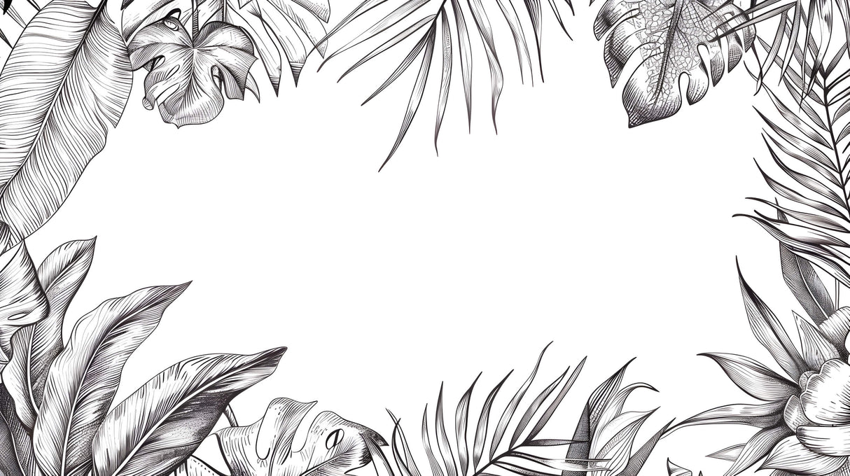 Design file showing detailed black and white tropical leaf pattern with monstera and palm fronds