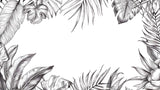 Design file showing detailed black and white tropical leaf pattern with monstera and palm fronds
