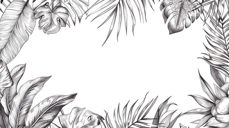 Design file showing detailed black and white tropical leaf pattern with monstera and palm fronds