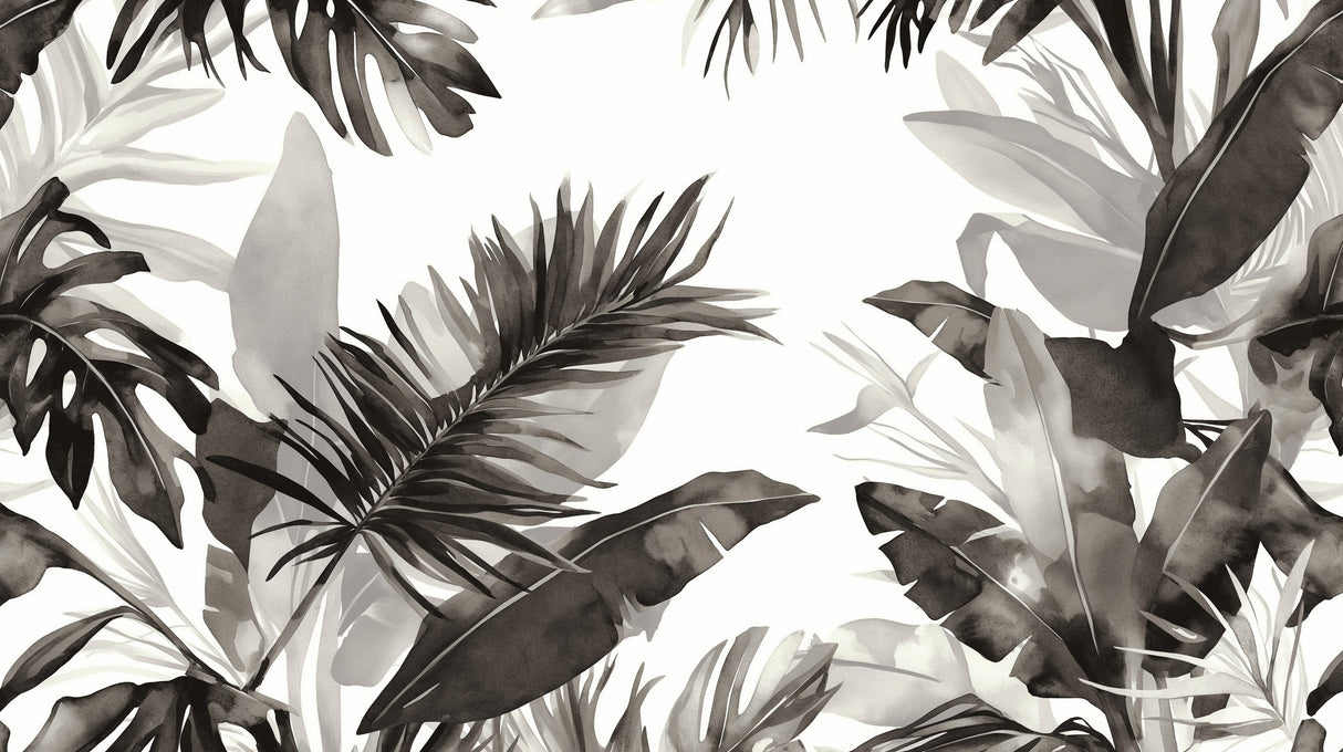 Monochrome tropical leaf pattern design file showing detailed Monstera leaves in watercolor style