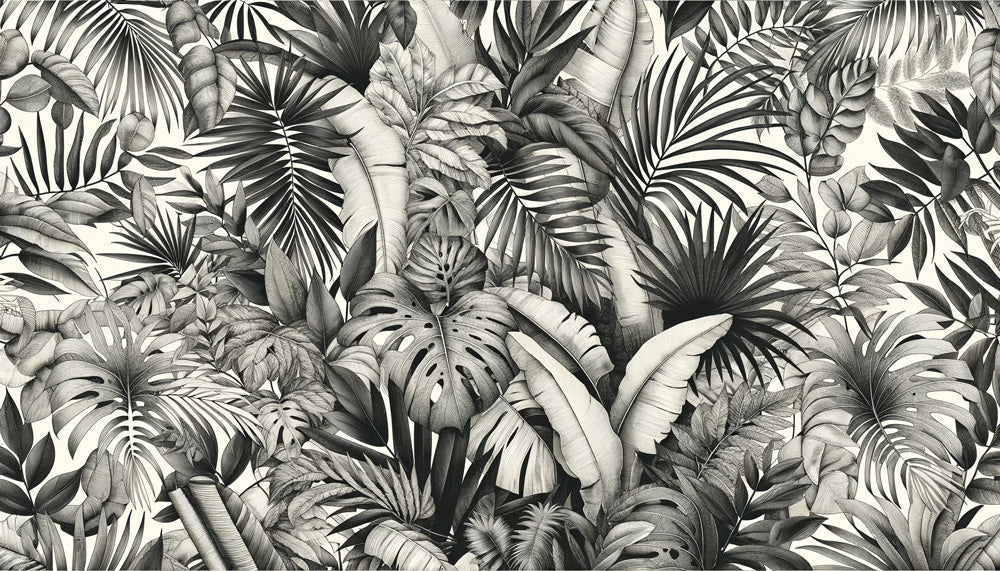 Monstera leaf wallpaper design file showing detailed black and white botanical pattern