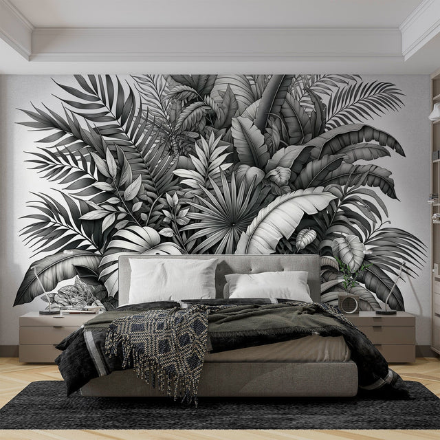 Tropical Monstera leaf wallpaper in modern minimalist living room, black and white design creating dramatic focal point