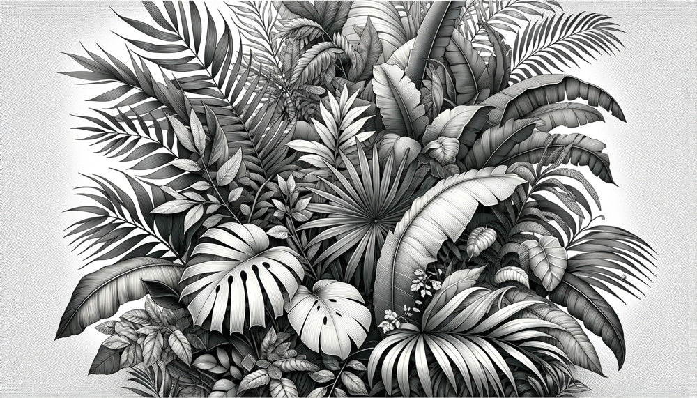 Black and white Monstera leaf wallpaper design file showing detailed botanical pattern