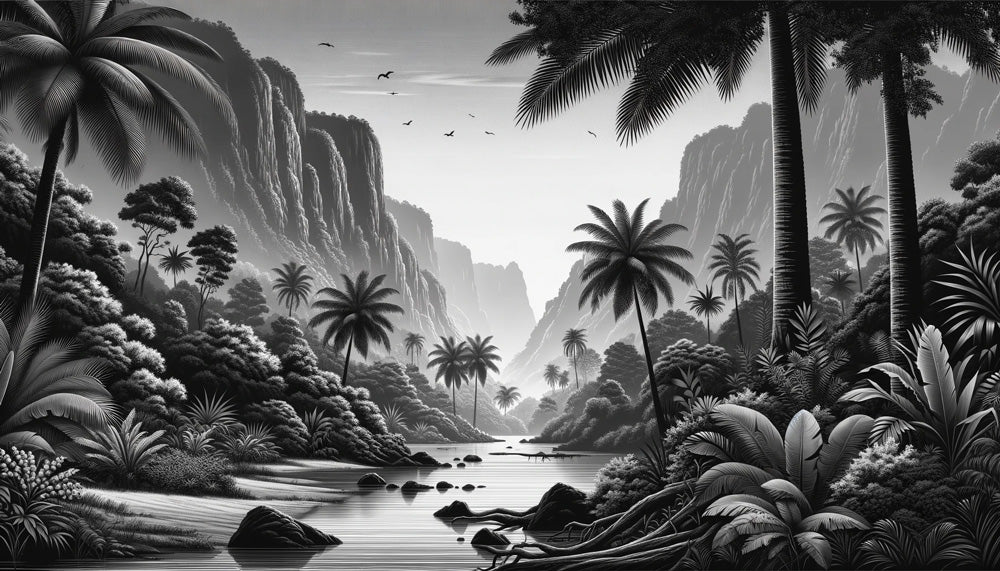 Tropical mountain paradise wallpaper design file showing detailed black and white pattern with palms and cliffs