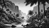 Tropical mountain paradise wallpaper design file showing detailed black and white pattern with palms and cliffs