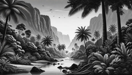 Tropical mountain paradise wallpaper design file showing detailed black and white pattern with palms and cliffs