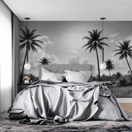 Black and white tropical beach wallpaper creating a calm atmosphere in a modern living room
