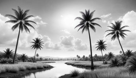 Black and white tropical beach pattern design file showing full palm tree silhouettes and horizon details