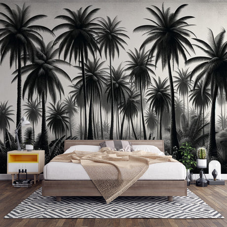 Black and white tropical palm wallpaper creating dramatic contrast in a modern living room with minimalist furniture
