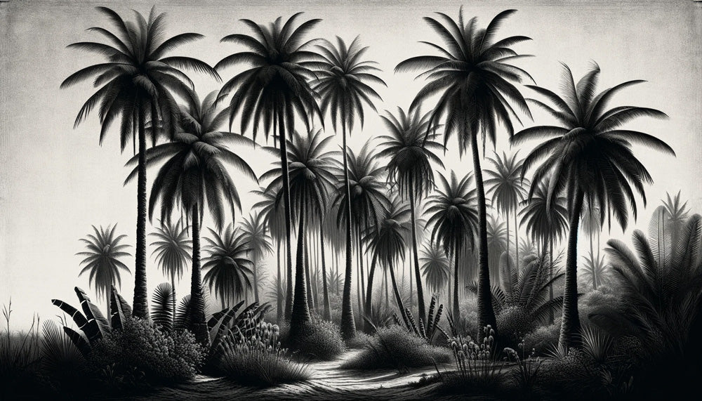 Black and white palm forest wallpaper design file showing detailed tropical pattern