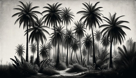 Black and white palm forest wallpaper design file showing detailed tropical pattern