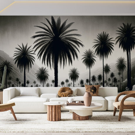 Black and white tropical palm grove mural wallpaper styled in modern living room with minimal furniture
