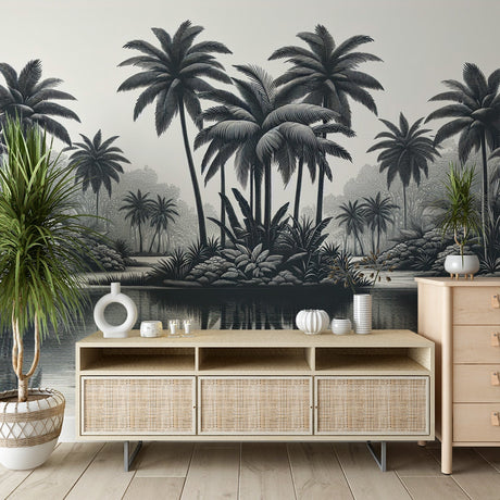 Black and white tropical palm wallpaper creating a stunning focal point in a modern living room with minimalist furniture