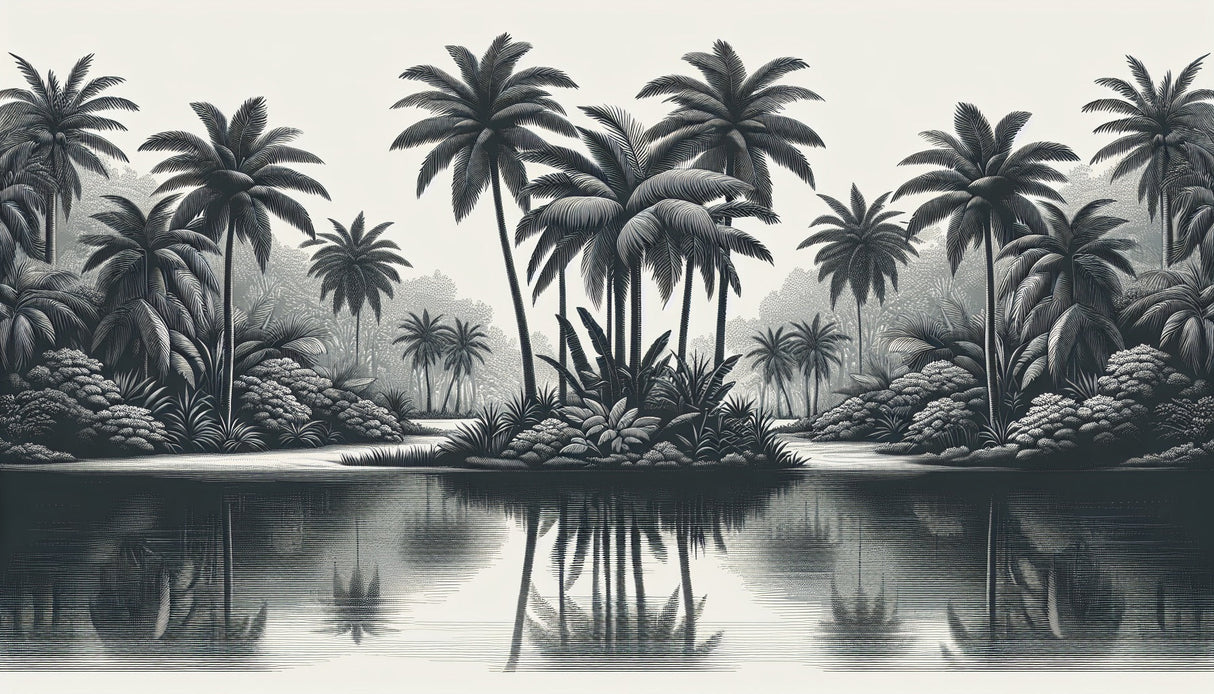 Black and white palm lagoon design file showing detailed tropical pattern with reflective water effect