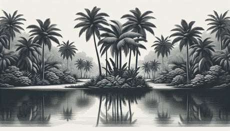 Black and white palm lagoon design file showing detailed tropical pattern with reflective water effect