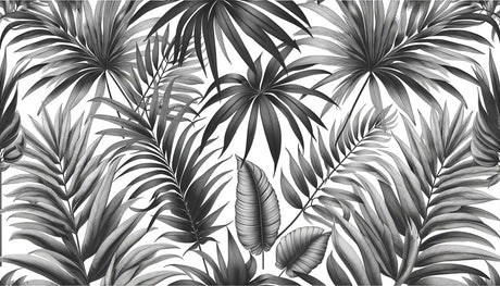 Black and white palm leaf wallpaper design file showing detailed botanical pattern