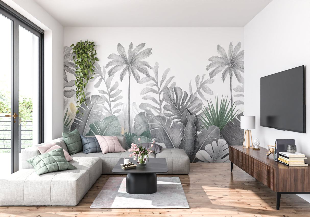Monochrome palm leaves wall mural in minimalist bedroom setting