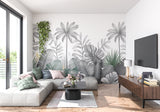 Monochrome palm leaves wall mural in minimalist bedroom setting