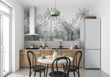 Home office with modern tropical palm wallpaper accent wall