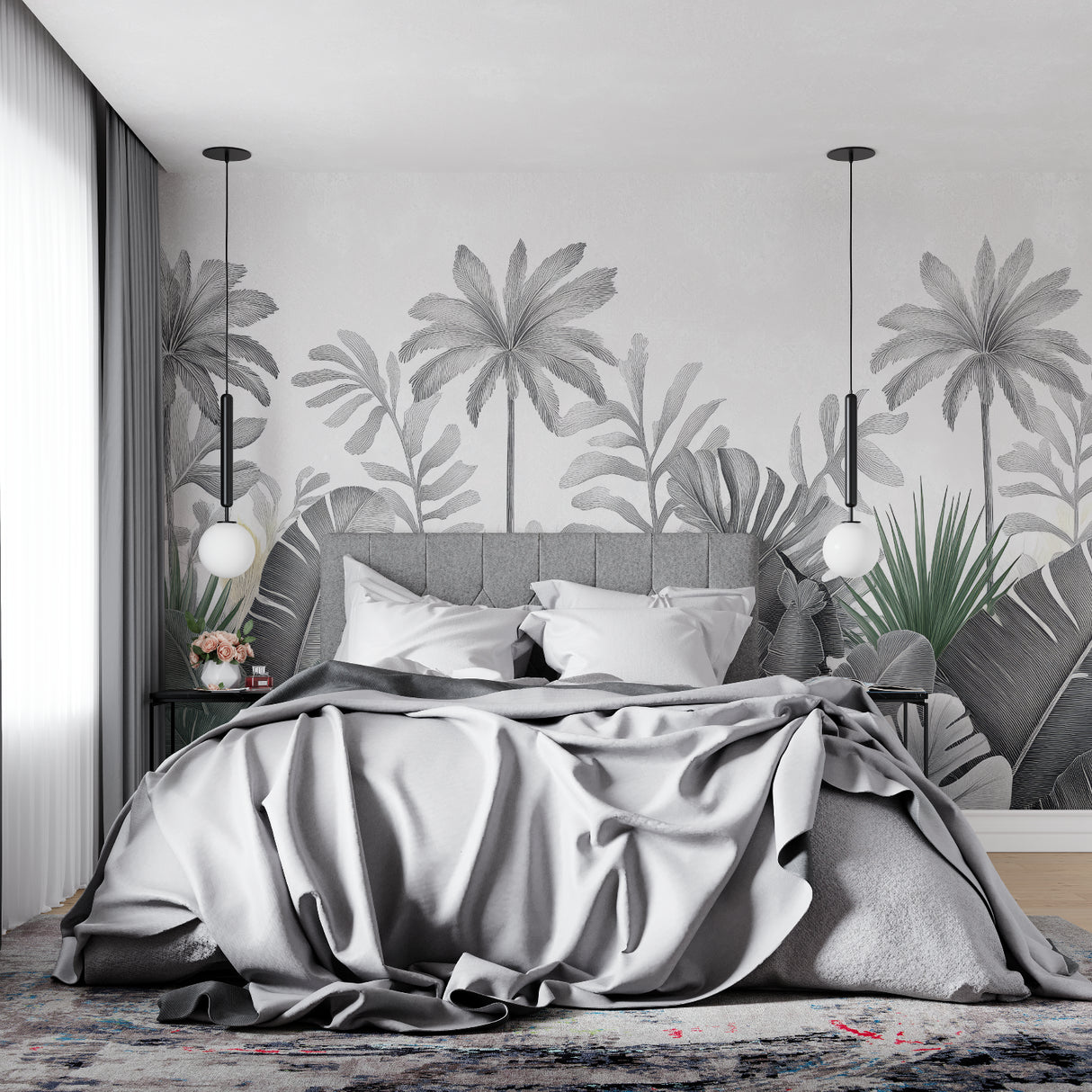 Bathroom interior with black and white botanical wall mural