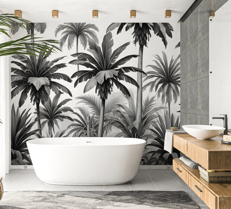 Black and white tropical palm leaf wallpaper in modern living room setting with minimalist furniture