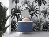 Monochrome palm leaves mural creating drama in master bedroom with contemporary decor