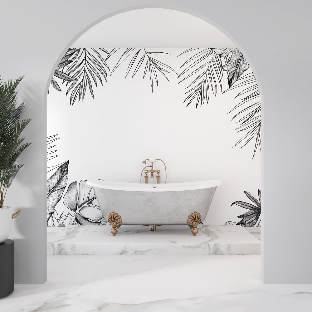 Black and white botanical wall mural adding character to a stylish home office space