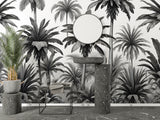 Black and white palm wallpaper making statement in luxury bathroom interior