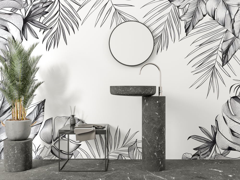Tropical palm pattern wallpaper making a statement in a modern dining room setting