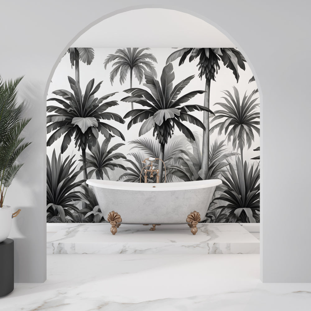 Tropical palm mural wallpaper enhancing dining room with dramatic black and white contrast