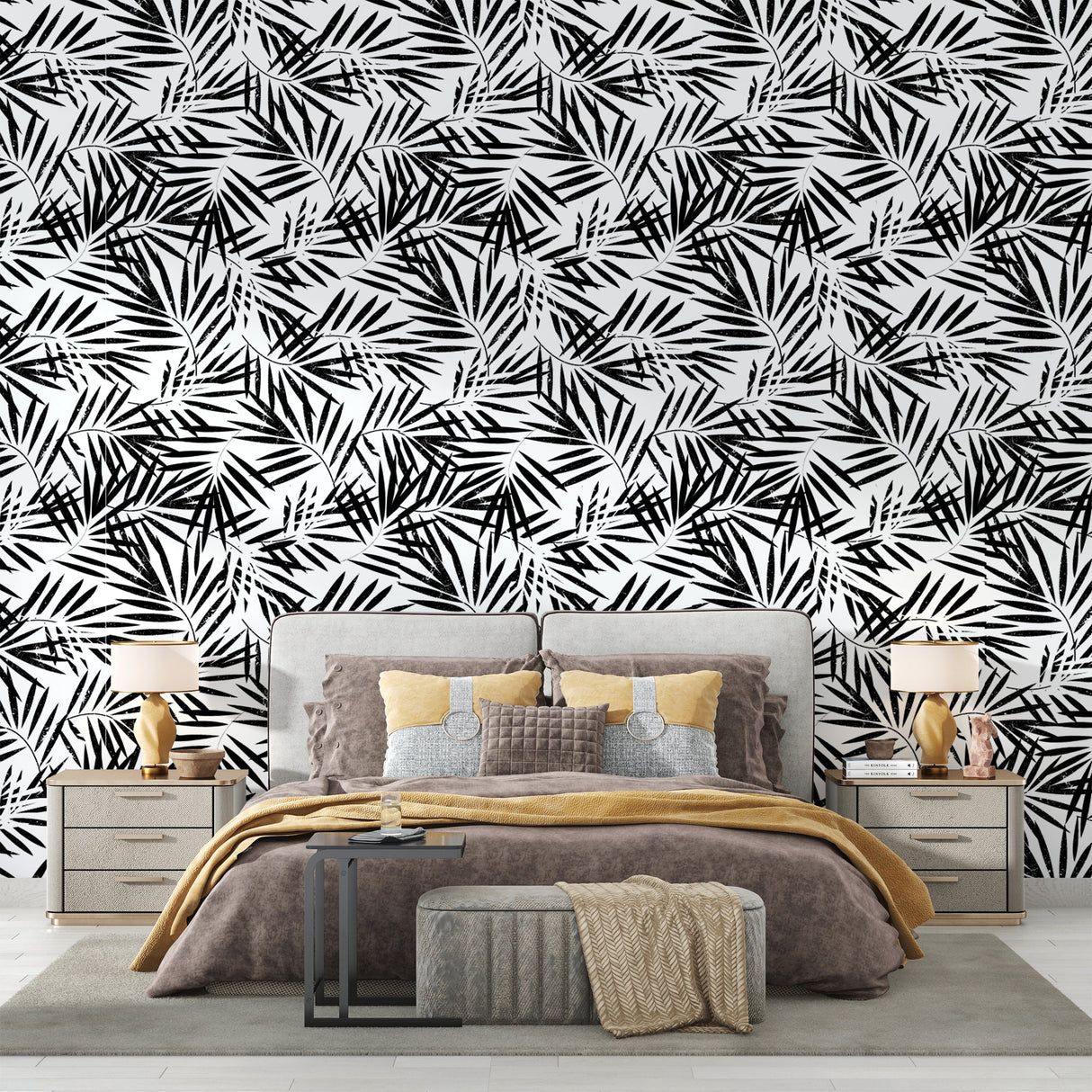 Monochrome palm pattern wallpaper bringing fresh style to a minimalist bedroom interior