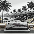 Black and white tropical palm tree wallpaper creating a stunning focal point in a modern minimalist living room