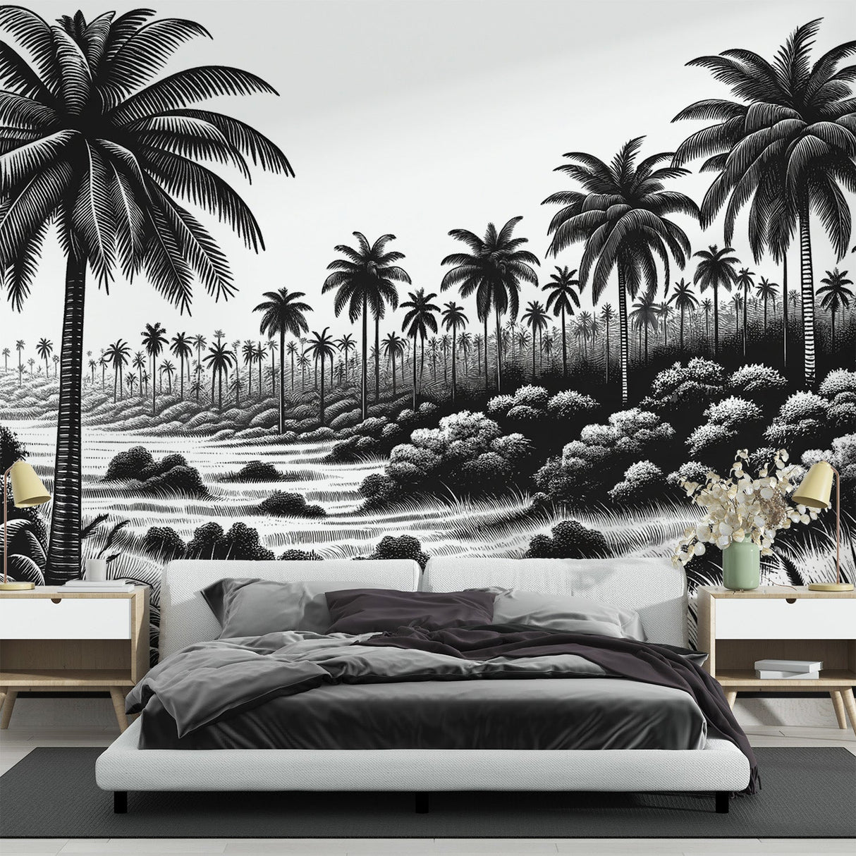Black and white tropical palm tree wallpaper creating a stunning focal point in a modern minimalist living room