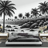 Black and white tropical palm tree wallpaper creating a stunning focal point in a modern minimalist living room