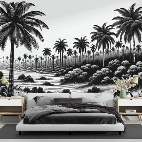 Black and white tropical palm tree wallpaper creating a stunning focal point in a modern minimalist living room