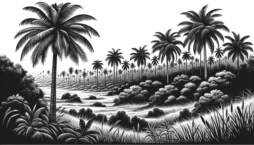 Black and white palm tree wallpaper design file showing detailed tropical pattern and high contrast finish