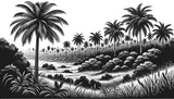 Black and white palm tree wallpaper design file showing detailed tropical pattern and high contrast finish